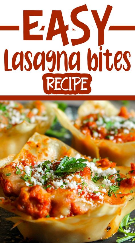 Traditional Lasagna Recipe, Brunch Finger Foods, Lasagna Bites, Wonton Appetizers, Mini Lasagna, Lasagna Cups, Lasagna Recipe With Ricotta, Wonton Recipes, Lasagna Rollups