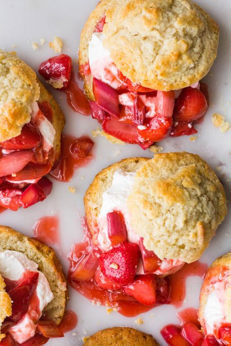 Strawberry Rhubarb Shortcakes with Mascarpone Whipped Cream - The Sweet and Simple Kitchen Strawberry Rhubarb Recipes, Strawberry Rhubarb Compote, Mascarpone Whipped Cream, Rhubarb Compote, Baking Journal, Tasty Tuesday, Shortcake Recipe, Summer Baking, Rhubarb Recipes