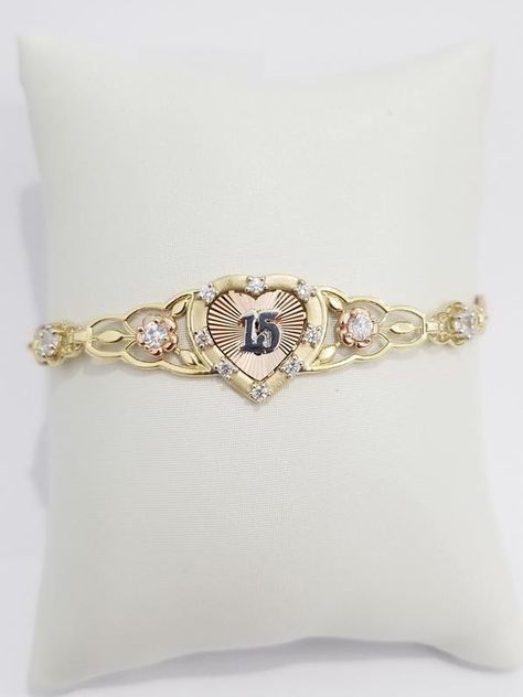 10K White Rose Yellow Gold Sweet 15 Quince Birthday Bracelet CZ Heart Flower 7.5 by RG&D Quinceanera Necklace, Quinceanera Accessories, Quinceanera Jewelry, Unique Bridal Jewelry, Birthday Bracelet, Heart Flower, Antique Wedding, Sweet 15, Rings Fashion