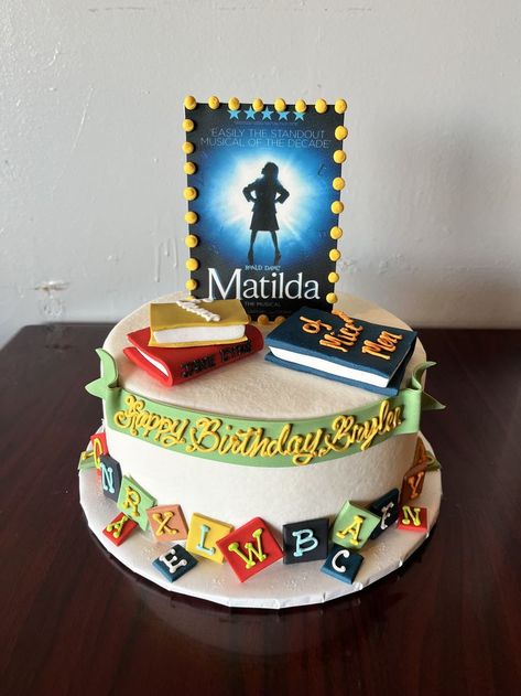 Musical Birthday Cake, Matilda Broadway, Musical Birthday Party, Matilda Cake, Book Themed Party, Unicorn Birthday Cake, Book Cake, Broadway Musical, Fun Family Activities