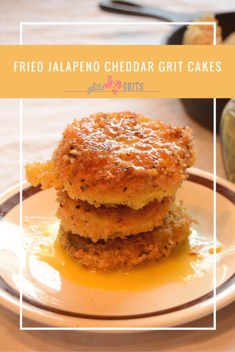 GlitznGrits.com: Fried Jalapeno Cheddar Grit Cakes Fried Jalapenos, Grit Cakes, Sweet Savory Recipes, Grits Recipe, Jalapeno Cheddar, Fried Food, Grits, Sweet Tea, Sweet Savory