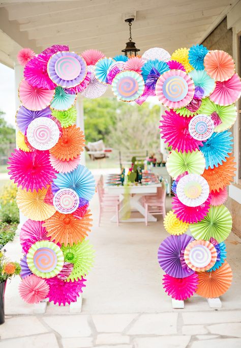 Colorful Cacti and Candy Summer Soirée // Hostess with the Mostess® Summer Garden Party Ideas, Cactus Candy, Fan Backdrop, Desert Bachelorette, Garden Party Ideas, Candy Theme Birthday Party, Candy Themed Party, Lobby Decor, Gate Decoration