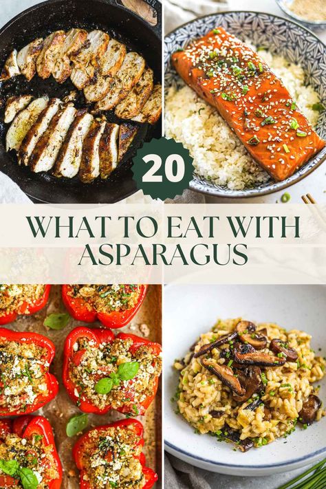 Not sure What to Eat with Asparagus? Below we list all of our favorite dishes that pair perfectly with asparagus, including tender chicken, juicy steak, zesty pasta, decadent risotto, stuffed peppers, and more! Asparagus is one of our go to sides because it pairs well with so many dishes. Try our Roasted Asparagus with Parmesan with a main course then enjoy it with one of these dishes for a well-rounded meal! Steak Asparagus, Asparagus Side, Asparagus Dishes, Chicken Risotto, Weeknight Dinner Recipes Easy, One Pot Dishes, Juicy Steak, Roasted Asparagus, Weeknight Dinner Recipe