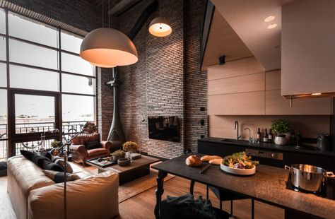 Manhattan Loft by INRE Manhattan Loft Apartment, Industrial Living Room Design, Manhattan Loft, Contemporary Loft, Loft Interior, Manhattan Apartment, Industrial Living, Industrial Livingroom, Loft Interiors