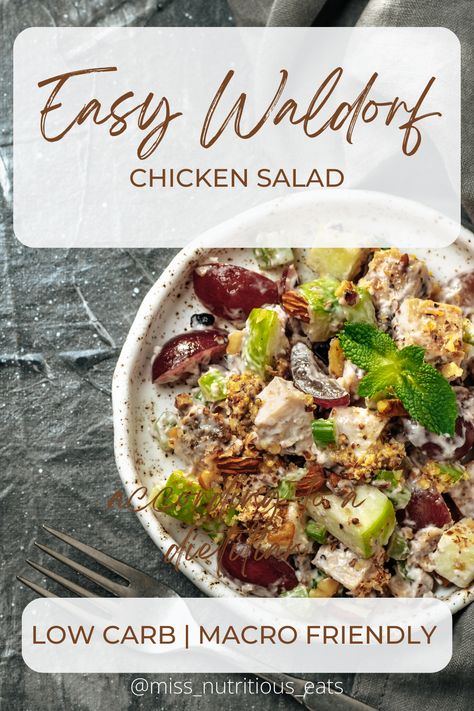 Best macro friendly Waldorf chicken salad recipe via @missnutritiouseats Waldorf Chicken Salad Recipe, Low Carb Macros, Waldorf Chicken Salad, Low Carb Chicken Salad, Delicious Chicken Salad, Chicken Salad Recipe Easy, Easy Chicken Salad, Poached Chicken, Chicken Salad Recipe