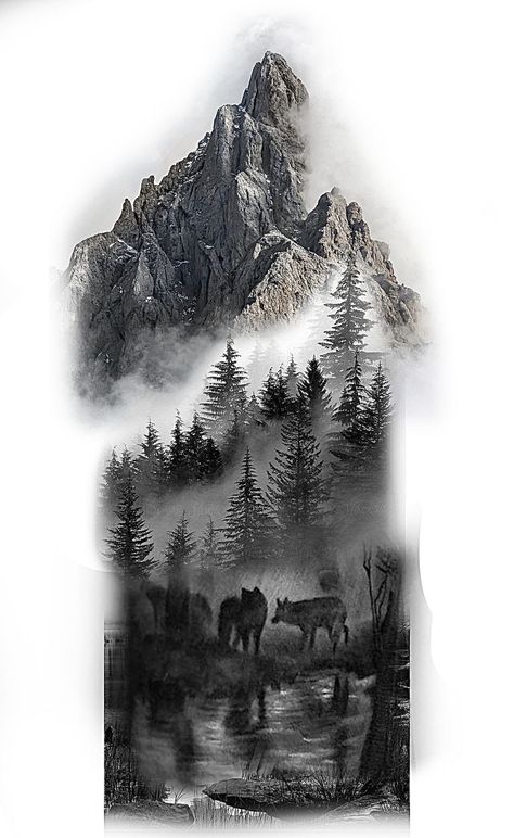 Wolves In Forest Tattoo, Wolf Landscape Tattoo, Wolf Mountain Tattoo Design, Forest Chest Tattoo, Alaska Mountain Tattoo, Wolf And Forest Tattoo, Wolf Mountain Tattoo, Cabin In The Woods Tattoo, Wolf Forest Tattoo Design