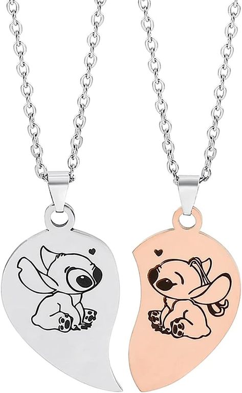 Chewable Jewelry, Couples Necklace, Stitch Jewelry, Angel Necklace, Stitch And Angel, Family Necklace, Couple Necklaces, 2 Girl, Steel Necklace