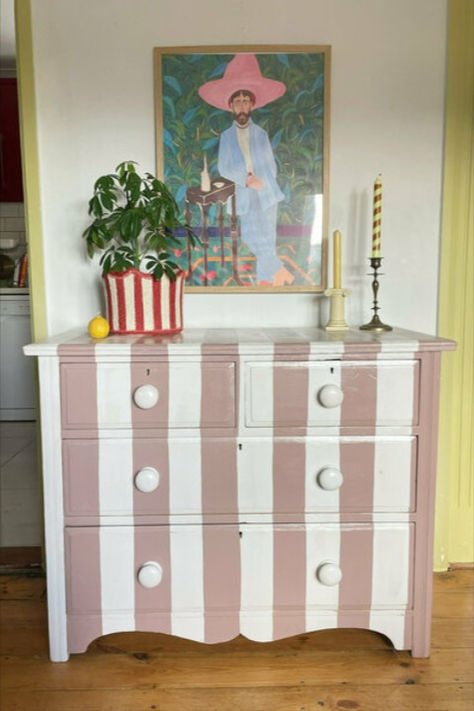 Patterned furniture pieces are a great way to inject colour and personality into your home. Not only is this chest of drawers a functional piece, but it's also stylish and unique. Painted vintage furniture is good because it combines timeless charm with modern flair, making it a unique and stylish addition to any space. Shop now on Vinterior. Painted Chest Of Drawers Ideas Colour, Stripe Furniture, Painted Vintage Chest Of Drawers, Stripe Chest Of Drawers, Colourful Chest Of Drawers, Pink Painted Chest Of Drawers, Pink And White Chest Of Drawers, Striped Furniture, Antique Interiors