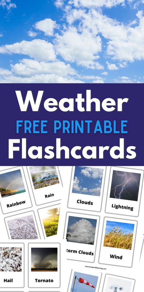 Printable Flashcards with Weather Words! Explore the wonderful world of weather with your kids. Real life photographs with easy to read text. Print and Go learning resources for parents and teachers. Flashcards for preschool, kindergarten, 1st, 2nd, and 3rd grade! Homeschool Weather Chart, Weather Unit Kindergarten, Weather Printables, Weather Unit Study, Weather Flashcards, Homeschooling Elementary, Weather For Kids, Weather Activities Preschool, Weather Activities For Kids