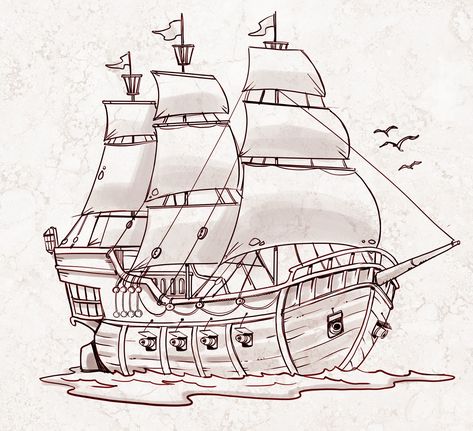 Pirate Ship - a sketch for a How to Draw book. Pirate Ship Drawing, Boat Sketch, Ship Sketch, Pirate Ship Art, خريطة ذهنية, Boat Illustration, Pirate Boats, Ship Sailing, Boat Drawing