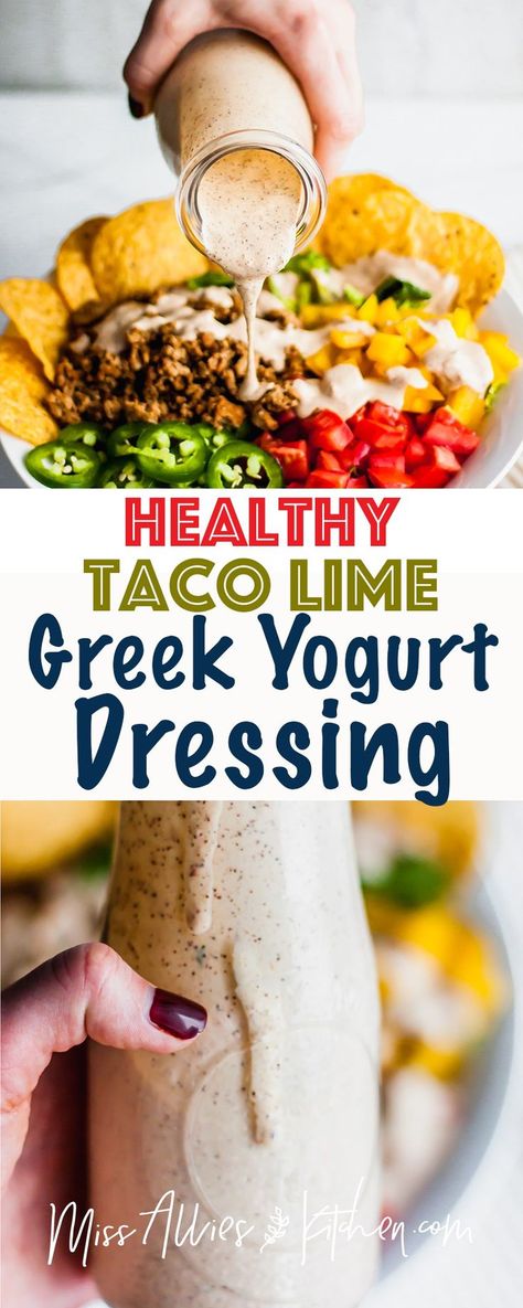 Healthy Taco Lime Greek Yogurt Dressing - the easiest DIY dressing you'll make using healthy greek yogurt and southwest spices. It makes any salad great and is preservative free! #dressing #healthy #easy #healthyfood #DIY Healthy Taco Salad Dressing Greek Yogurt, Greek Yogurt Mexican Dressing, Healthy Taco Dip With Greek Yogurt, Greek Yogurt Taco Dip, Healthy Recipes Using Greek Yogurt, Yogurt Based Salad Dressing, Taco Dressing, Yogurt Dressing Recipe, Healthy Condiments