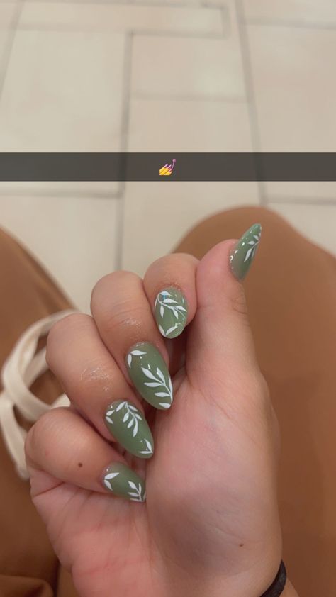 Green And White Fall Nails, Matt Sage Green Nails, White Nails With Sage Green Designs, Sage Green Leaf Nails, Olive Green Nails With Flowers, Nails For Light Green Dress, Sage Green Nail Inspo Acrylic, Nursing School Graduation Nails, Nail Inspo Light Green