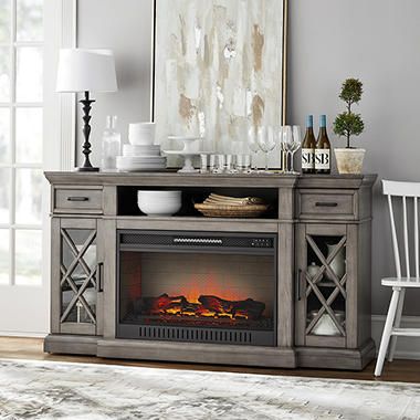 Media Console Design, Electric Fireplace Media Console, Stone Electric Fireplace, Fireplace Bookcase, Media Electric Fireplace, Fireplace Media Console, Media Fireplace, Cabinet Door Designs, Sliding Cabinet Doors