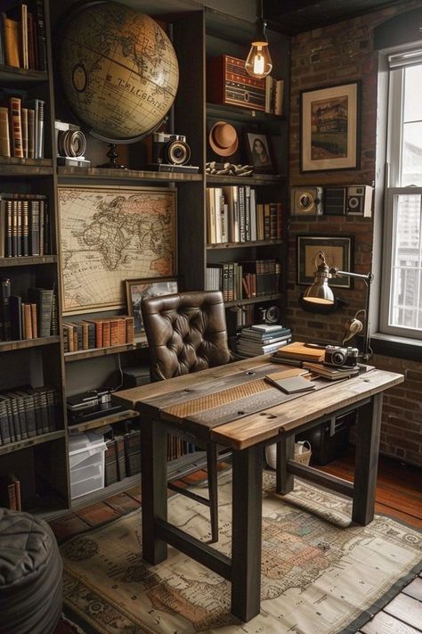 29 Street Style Room Ideas for an Edgy Urban Aesthetic 11 Steampunk Study Room, Steampunk Office Ideas, Explorer Office, Study Room Ideas For Men, Steampunk Office Decor, Vintage Office Design, Eclectic Street Style, Style Room Ideas, Cosy Study