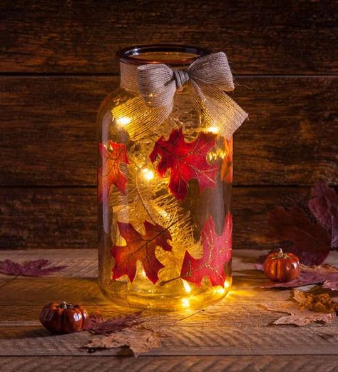 Fall Leaves Centerpiece, Fall Mason Jars Centerpieces, Fall Leaves Centerpieces For Table, Fall Jars Decorations, Mason Jar Fall Centerpieces, Glass Fall Decor, Leaf Centerpiece, Fall Mason Jar Centerpieces, Fall Lights