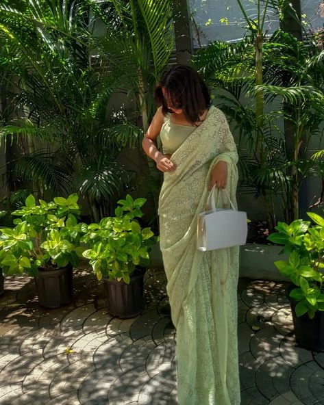 Green Saree Asthetic, Green Sari Aesthetic, Desi Aesthetic Outfit Saree, Farewell Saree Inspo Aesthetic, Green Sari Look, Green Saree Outfit, Pastel Colour Saree For Farewell, Sage Green Indian Outfit, Pastel Saree For Farewell