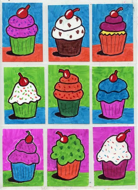 Learn how to draw cupcakes like a boss. I share one of my tricks for getting extra bright colors in your marker drawings. Free sample drawing available. #howtodraw #freeprintables #popart Draw A Cupcake, Cupcake Painting, Art Drawing Ideas, Cupcake Coloring Pages, Art Education Projects, Pop Art For Kids, Cupcake Drawing, 4th Grade Art, Pop Art Drawing