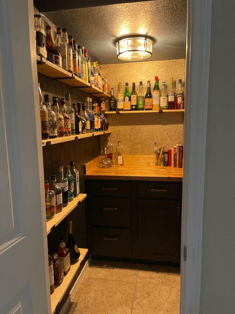 Bar, home bar, closet, DIY bar, DIY, DIY cabinets, pantry Speakeasy Closet, Bourbon Closet Ideas, Liquor Closet Ideas, Closet To Bar, Under Stairs Coat Closet, Bourbon Closet, Bar In A Closet, Alcohol Cupboard, Under The Stairs Bar