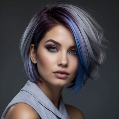 Latest 2024 Hair Color Trends For Women With Short Hair Long Front Bob Hairstyles, Women Short Hair Color Ideas, Pink Purple Peekaboo Hair, Gray Hair With Colored Highlights, Short Hair Vivids, Fashion Color Pixie Hair, Trendy New Haircuts For Women, Funky Short Hair Color Ideas, Short Sassy Hairstyles For Fine Hair