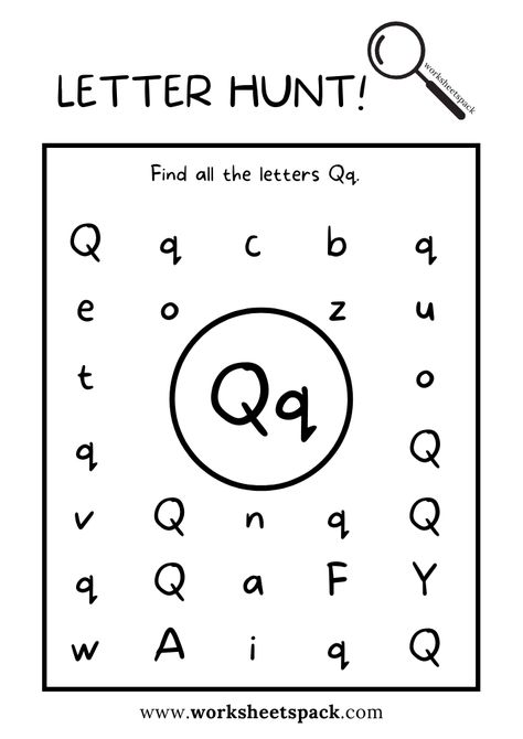 Find the Letter Q Worksheet, Alphabet Q Hunt Activity Free Printable for Kids - worksheetspack Letter Q Crafts For Kindergarten, Letter Qq Activities For Preschool, Letter Q Worksheets For Preschool, Q Words Preschool, Q Worksheets For Preschool, Q Is For, Vpk Worksheets, Letter Q Crafts For Preschoolers, Q Activities For Preschool