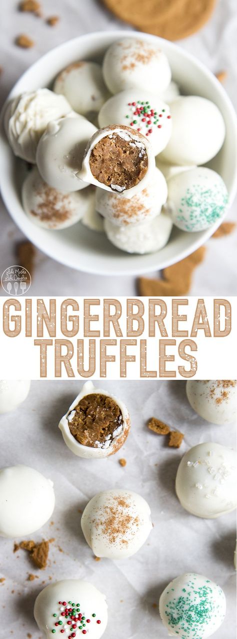 Gingerbread Truffles are a delicious treat, made with only 4 ingredients! They've got the great flavors of ginger snap cookies all dipped in white chocolate in a delicious bite sized treat, perfect for the holidays! Gingerbread Truffles Recipe, Gingerbread Truffles, Bread Balls, Gingerbread Dessert, Truffles Recipe, Candy Recipes Homemade, Ginger Snap Cookies, Gingerbread Recipe, Ginger Snap