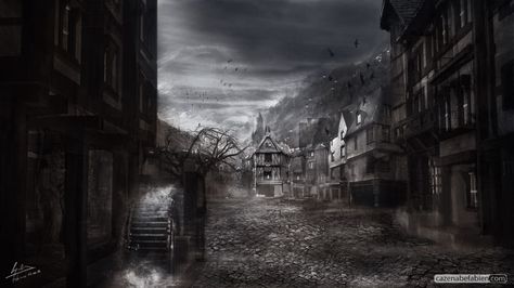 Town before storm Creepy Backgrounds, Art Noir, Jeepers Creepers, Dark City, 다크 판타지, Fantasy City, Gothic Horror, Fantasy Setting, Fantasy Places