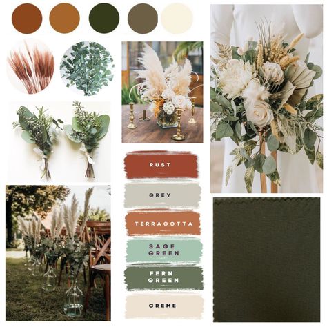 Terracotta Cream And Sage Wedding, Fall Wedding Colors Eucalyptus, Bohemian Green Wedding, Sage Fall Color Palette, Shades Of Green Fall Wedding, Forest Green Fall Wedding Color Palettes, Rust And Sage Bouquet, Sage And Cinnamon Wedding, Green And Rust Decor