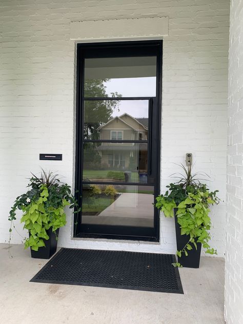 Steel and glass entry door Metal And Glass Front Door Entrance, Mirrored Glass Front Door, Frosted Glass Front Door Entrance, Single Glass Front Door, Critall Doors, Front Door Frosted Glass Design, Black Steel Front Door, Black Glass Front Door, Black Glass Front Door Contemporary