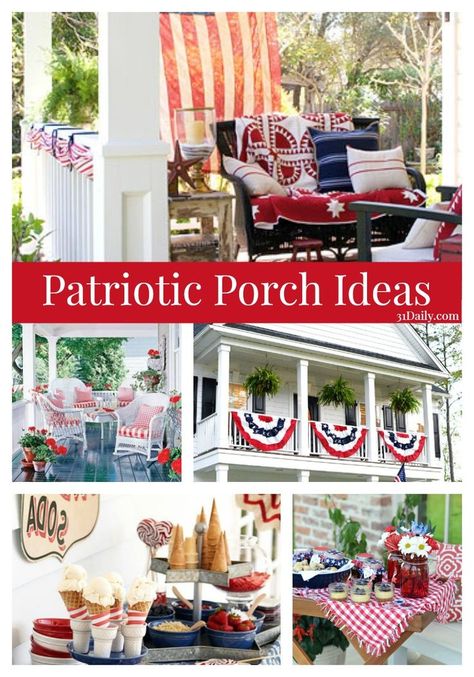 Get read for summer fun with these Inspirational Summer Patriotic Porch Ideas | 31Daily.com #4thofjuly #fourthofjuly #outdoorliving #31Daily Patriotic Porch Ideas, Patriotic Front Porch Decor, 4th Of July Front Porch Decor, Decorating With Flags, Patriotic Porch Decor, Patriotic Front Porch, Patriotic Porch, 31 Daily, Front Porch Swing