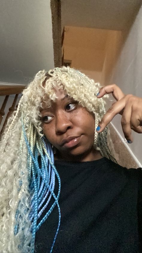 Blue And Blonde Box Braids, Blue Box Braids, Blonde Box Braids, White Blonde Hair, Blonde Braids, Jumbo Braids, Goddess Hairstyles, White Blonde, Box Braids