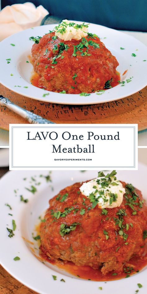 The LAVO One Pound Meatballs are a visual showstopper for any meal. They also happen to be the best giant meatballs you will ever eat. #lavoonepoundmeatballs #meatballs www.savoryexperiments.com Giant Meatball Recipe, Giant Meatballs, Cold Appetizers Easy, Southern Comfort Recipes, Comfort Recipes, Dinner Party Dishes, Italian Meatballs Recipe, Italian Night, Appetizer Meatballs