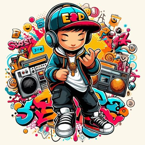 Hip hop boy | Premium Vector #Freepik #vector #rapper #disk-jockey #sticker-design #dj-music Cartoon Dj Art, Dj Tshirt Design, Dj Logo Design Ideas, Dj Graphic Design, Rapper Design, Cartoon T Shirt Design, Dance Studio Design, Dj Art, Dj Logo