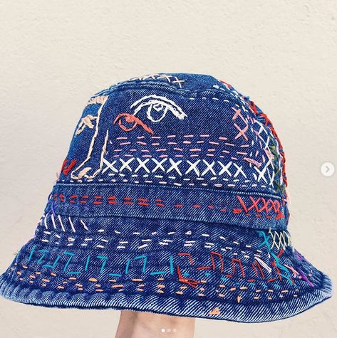 Bucket Hat Ideas, Bucket Hat Embroidery, Patchwork Bucket Hat, Custom Bucket Hats, Hair Wrap Scarf, Denim Bucket Hat, Shirt Design Inspiration, Hat Embroidery, Hat Ideas