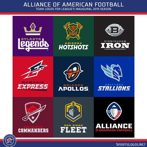 Alliance of American Football teams | Studio Stories: Alliance of American Football Takes Name ... Football Logo Design, Football Team Names, American Football League, Sport Logos, Helmet Logo, Football Team Logos, American Football Team, Monogram Logo Design, Football Teams