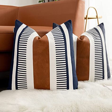 Amazon.com: Vfuty Set of 2 Navy Blue and White Boho Pillow Cover with Leather Modern Couch Pillow Covers 22x22 inch Farmhouse Stripe Pillowcase for Couch Sofa Bedroom, Navy Blue : Home & Kitchen Blue And Orange Living Room, Navy Blue Couches, Modern Couch Pillows, Modern Leather Couch, Boho Couches, Navy Blue Living Room, Square Cushion Cover, Leather Throw Pillows, Brown Throw Pillows