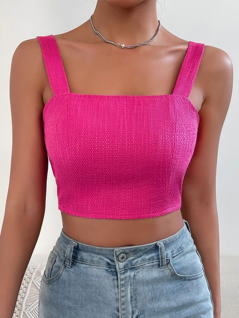 Rosa Fucsia Casual Collar  Tela tricotada Liso Tirantes Anchos Embellished No-Elástico  Tops & Blusas & Camisetas de Mujer Pink Cami Top, Simple Crop Top, Hot Pink Shirt, Hot Pink Tops, Crop Cami Top, Women Tank Tops, Cropped Cami, Cami Crop Top, Tank Top Cami