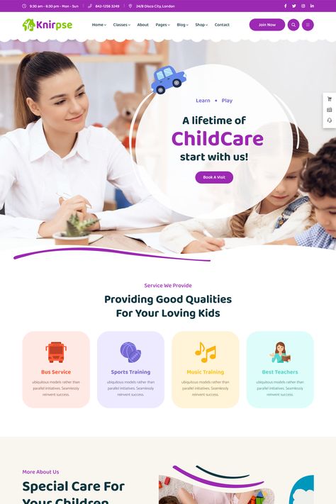 Knirpse is a lovely Kindergarten & Baby Care WordPress theme designed for children and educators. This well-designed kids activity website template is appropriate for daycare centers, babysitters, kindergartens, preschools, and primary schools. Family Website Design, Daycare Website Design, Kids Website Design, Kindergarten Website, Childcare Website, Nutritionist Website, School Website Design, School Website Templates, Classroom Website