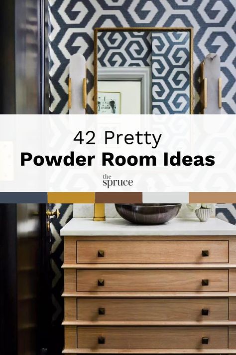 The powder room is a great place to test out design styles. Have a look at these pretty powder room ideas for some inspiration. #PowderRoom #PowderRoomIdeas #HalfBath #SmallBathroom #Bathroom Edgy Powder Room Ideas, Craftsman Powder Room Ideas, Tiled Powder Room Wall, Dramatic Half Bath, Powder Room Without Window, Pretty Powder Rooms, Powder Room Ideas 2024, 2024 Powder Room Trends, Mediterranean Powder Room Ideas