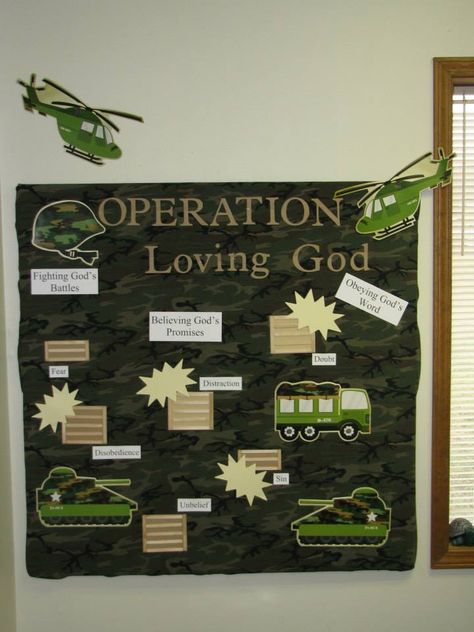 cofC Bible school teachers I'm in the Lord's Army. They provide the idea...but I came up w/ the supplies. Found the camo material (background) at a yard sale. The tank, helicopter, etc was a package I found at Hobby Lobby in the their "party" section. It was actually decorations for an army themed birthday. There was only one thing in the package I couldn't use...reasonably priced...even better w/ a coupon! Made the crates out of cardstock and popsicle sticks. Did the lettering on my Cricut. Sunday School Themes, Army Themed Birthday, Camp Vbs, Army Theme, Vacation Bible School Themes, Army Decor, Sunday School Decorations, Sunday School Classroom, Church Bulletin Boards