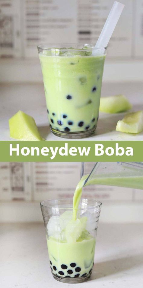 Honeydew Boba - A Beautiful Mess Honeydew Milk Tea Recipe, Honey Dew Boba, Boba Smoothie Recipe, Honeydew Melon Recipes, Honeydew Boba, Honeydew Milk Tea, Honeydew Smoothie, Melon Recipes, Milk Tea Recipes