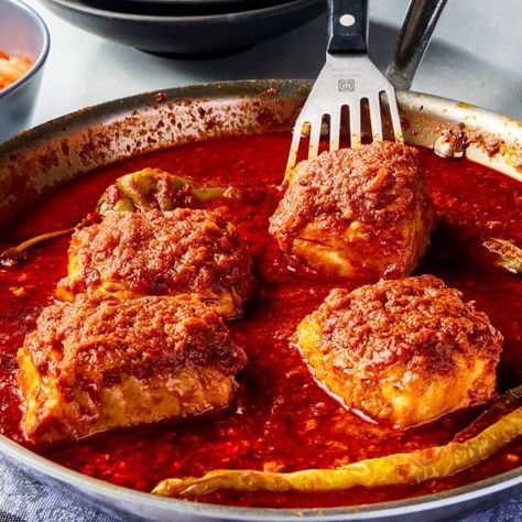 Halibut Chraime (Fish in Spicy Tomato Sauce) | America's Test Kitchen Recipe Braised Fish, Cooks Illustrated Recipes, Seafood Entrees, Spicy Tomato Sauce, America's Test Kitchen Recipes, Eastern Cuisine, Kitchen Recipe, Cooks Illustrated, America's Test Kitchen