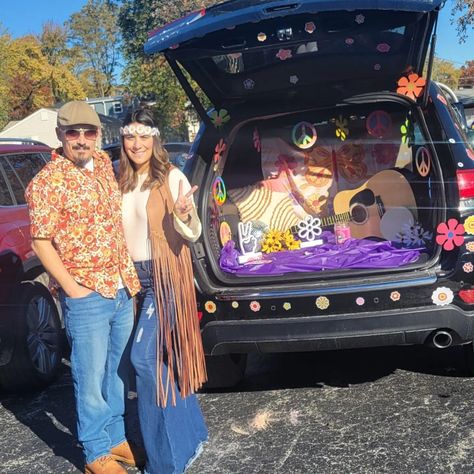 70s Theme Halloween Party, Rock And Roll Trunk Or Treat, 70s Trunk Or Treat Ideas, Disco Trunk Or Treat Ideas, Trunk Or Treat 70s Theme, Groovy Trunk Or Treat, Hippie Trunk Or Treat Ideas, Trunk Or Treat Hippie Theme, Hippie Trunk Or Treat