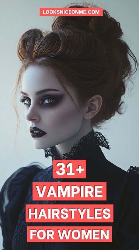 Step back in time with a Victorian-inspired vampire hairstyle. This intricate braided look combines elegance with a spooky vibe, perfect for a vampire bride or historical themed parties. Learn how to craft these sophisticated braids with our easy-to-follow steps. Vampire Hairstyles For Women, Vampire Hairstyles, Vampire Costume Women, Gothic Vampire Costume, Vampire Hair, Vampire Makeup Halloween, Modern Vampires, Vampire Look, Vampire Halloween Costume