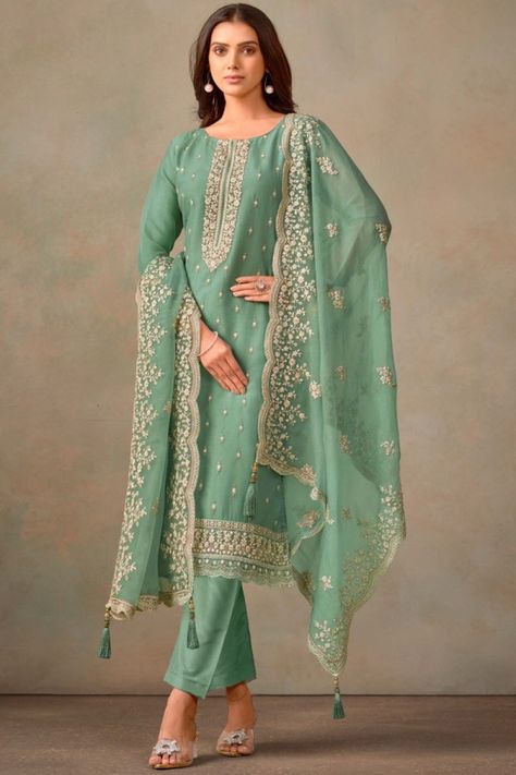 Teal Mint Embroidered Organza Pant Kameez for Ceremonial Organza Kameez, Wedding Salwar Suits, Patiyala Dress, Heavy Dupatta, Lehenga Suit, Bridesmaid Saree, Women Suits, Party Sarees, Lehenga Style