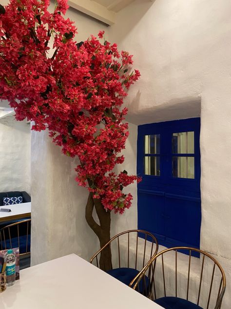 found a cute little greek cafe in mangalore Greek Cafe, Greek Flowers, Greece Aesthetic, Flower Cafe, Mangalore, Cafe Interior, Greece, Cafe, Collage