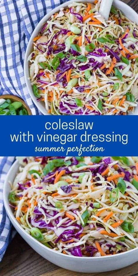 Tangy vinegar coleslaw is crunchy and bursting with color and flavor. With a mayonnaise-free dressing, this coleslaw is a healthy alternative to creamy coleslaw. Coleslaw With Poppy Seeds, Light Coleslaw Dressing, Coleslaw Recipe Vinagrette, Non Creamy Coleslaw, Coleslaw Vinaigrette Dressing, Cole Slaw Dressing Recipe Vinegar, Creamy Vinegar Coleslaw Recipe, Slaw Dressing Recipe Vinegar, Oil And Vinegar Coleslaw Dressing