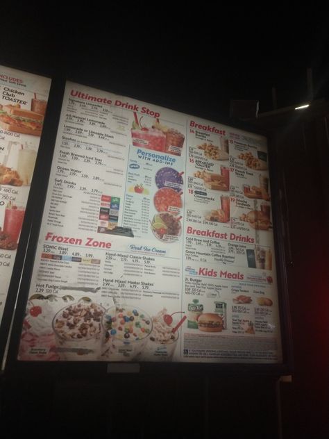 Sonic Food, Sonic Secret Menu Drinks, Sonic Food Drive In, Fast Food Secret Menu Items, Sonic Fast Food, Sonic Menu, Fast Food Drive Thru, Fast Food At Night Aesthetic, Sonic Blast