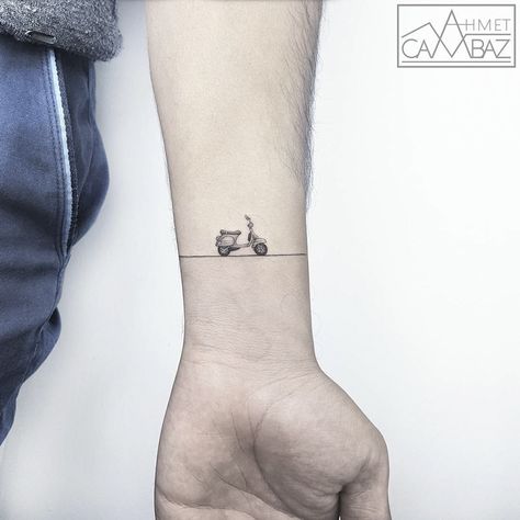 10+ Simple Yet Striking Tattoos By Former Turkish Cartoonist That You'll Want On Your Skin Vespa Scooter Tattoo, Moped Tattoo, Scooter Tattoo, Vespa Tattoo, Biker Tattoo, Motor Tattoo, Biker Tattoos, Tattoo Trend, Small Arm Tattoos