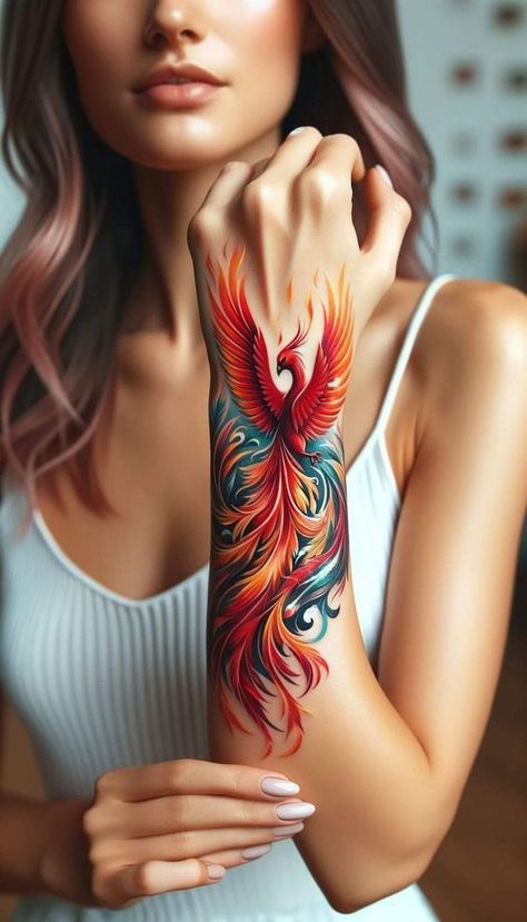 Phoenix Forearm Tattoo, Phenix Birds Tattoo, Feniks Tattoo, Phoenix Tattoo Sleeve, Tato Phoenix, Now Tattoo, Female Sleeve Tattoo, Phoenix Tattoo Feminine, Colour Tattoo For Women