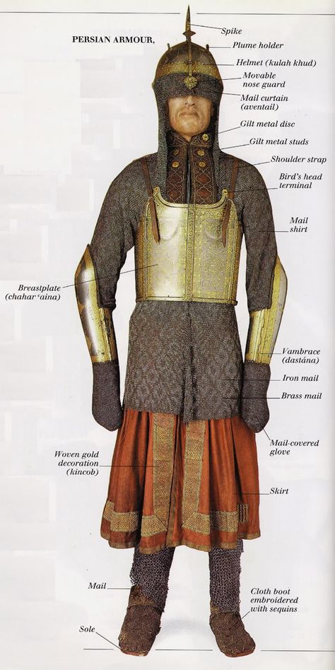 Persian armor,  kulah khud (helmet), char-aina (chahar-aina) chest armor with four plates, dastanas/bazu band (vambrace/arm guards) with covered hand guards, zirah (mail shirt) with ganga jamni mail (iron and copper/brass links in a pattern). Persian Armor, Chest Armor, Soldier Costume, Arm Guards, History Of Fashion, Muslim Culture, Armor Clothing, Ancient Armor, Horse Armor